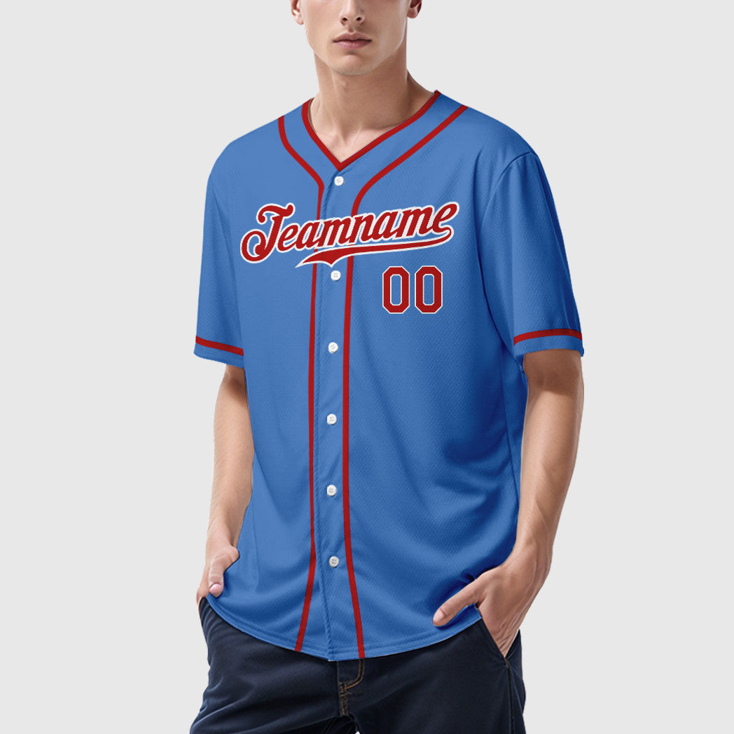 Custom Powder Blue White Red Piping Baseball Jersey