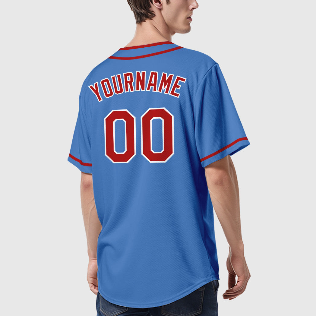 Custom Powder Blue White Red Piping Baseball Jersey