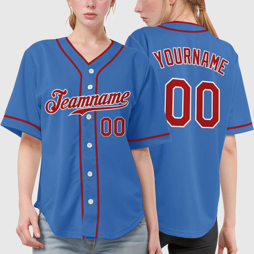 Custom Powder Blue White Red Piping Baseball Jersey