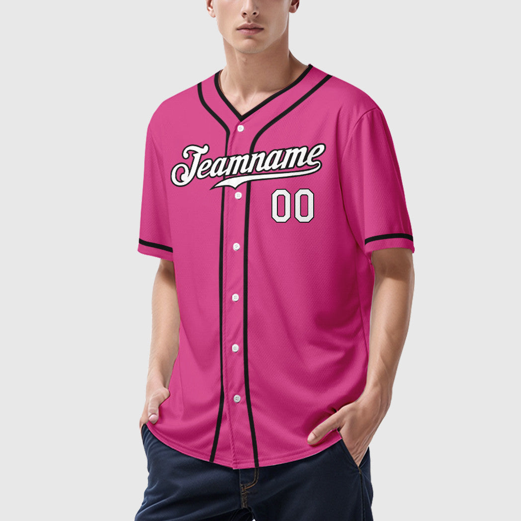 Custom Pink White White-Black Piping Baseball Jersey