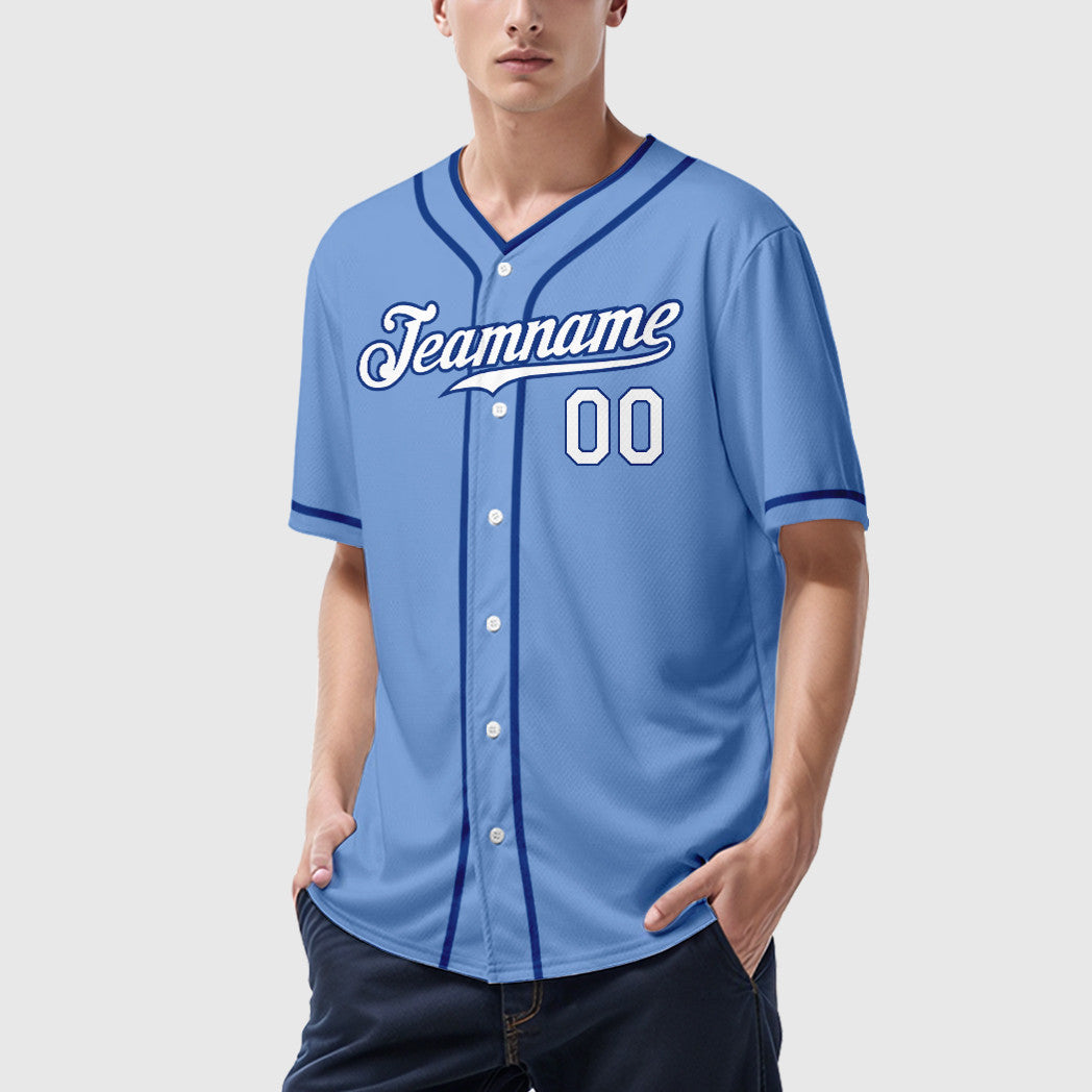 Custom Powder Blue White Royal Piping Baseball Jersey