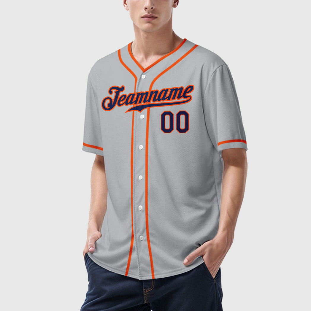 Custom Gray Navy Orange Piping Baseball Jersey