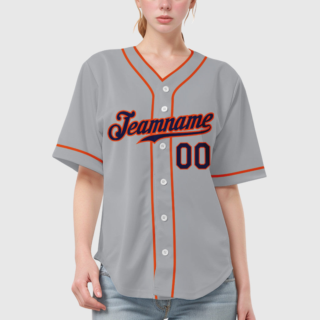 Custom Gray Navy Orange Piping Baseball Jersey