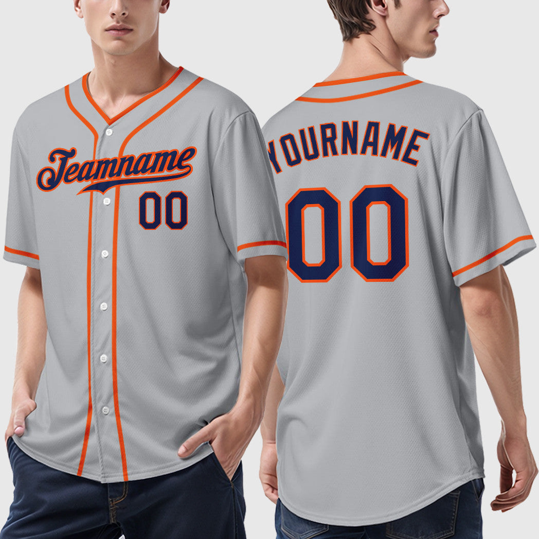 Custom Gray Navy Orange Piping Baseball Jersey