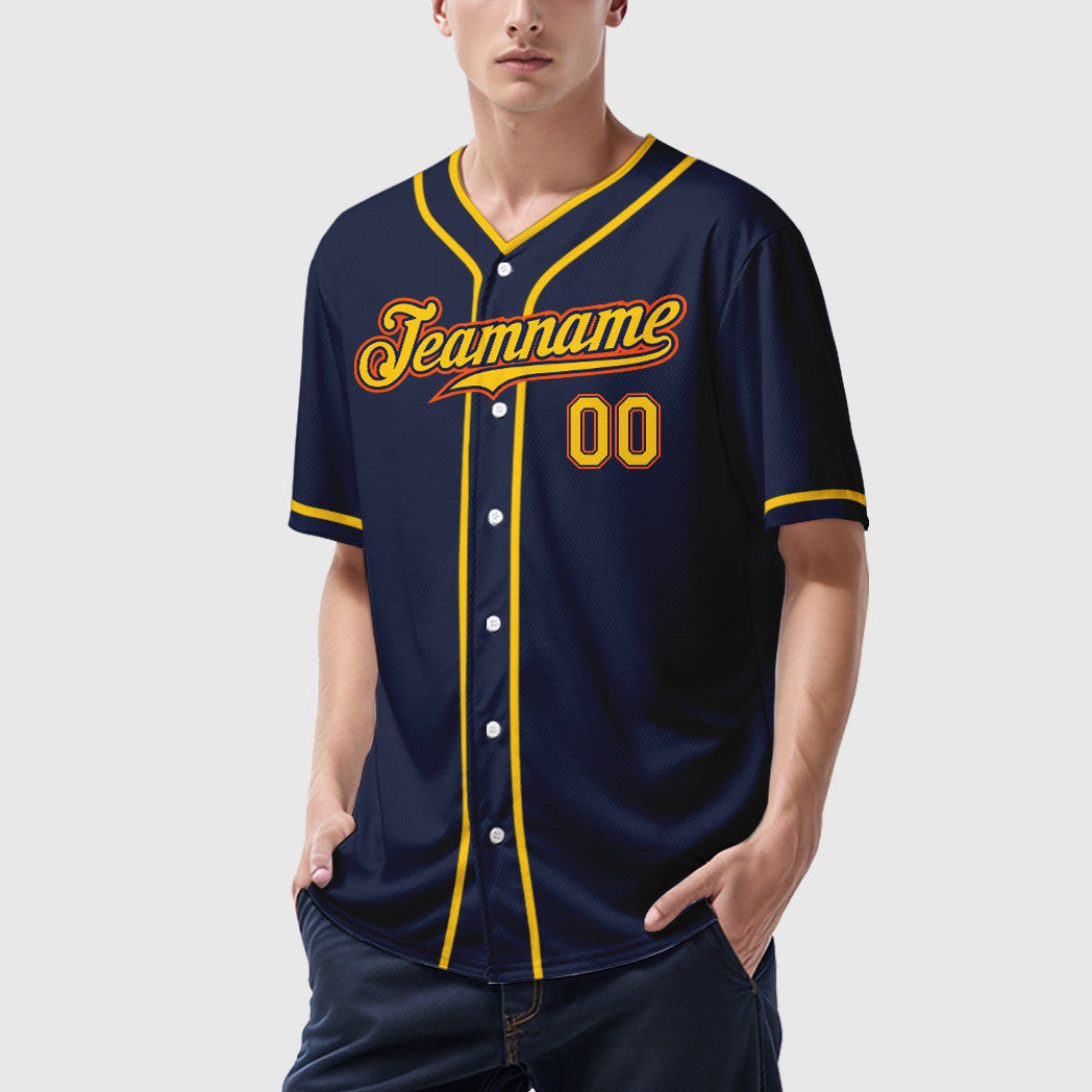Custom Navy White Gold-Orange Piping Baseball Jersey