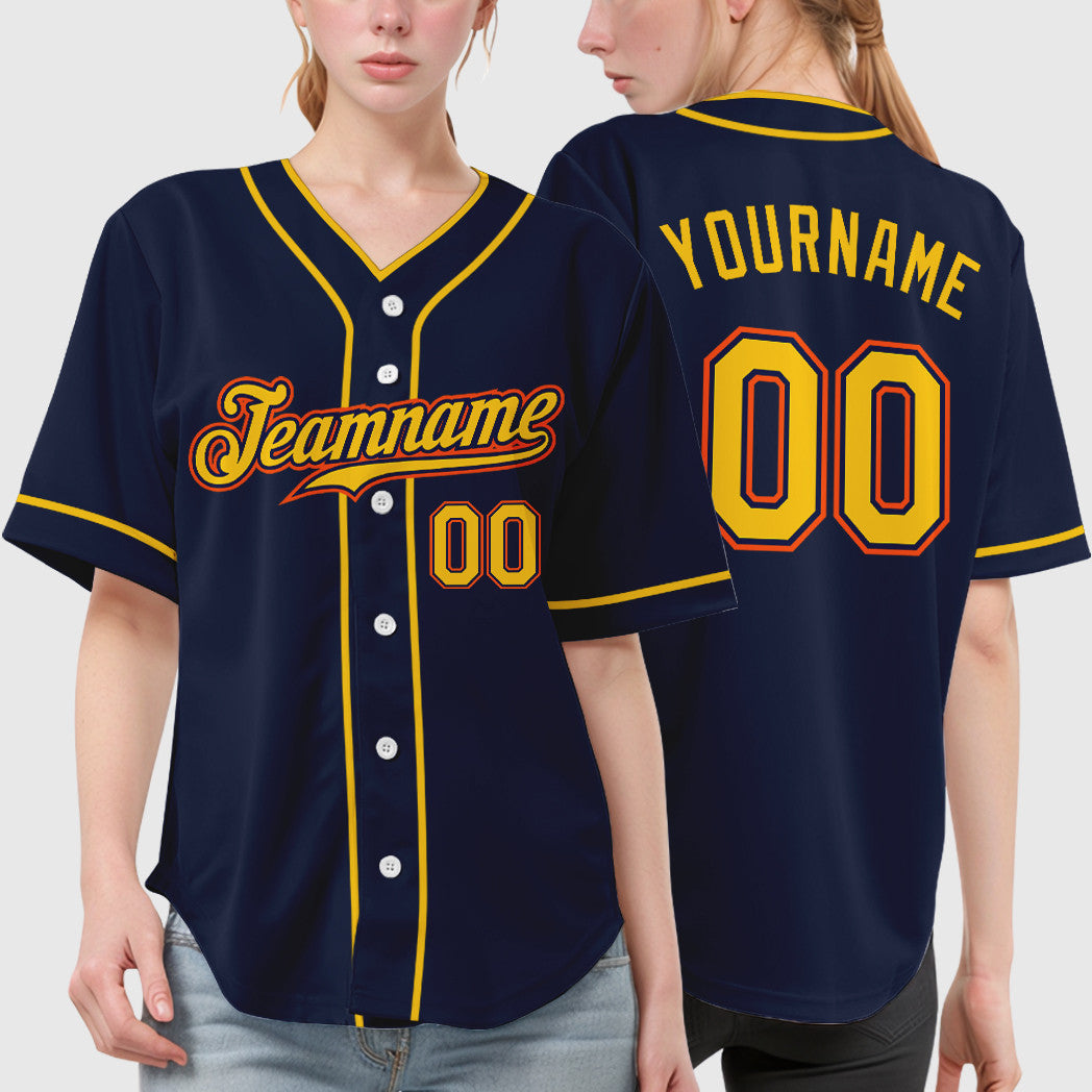 Custom Navy White Gold-Orange Piping Baseball Jersey