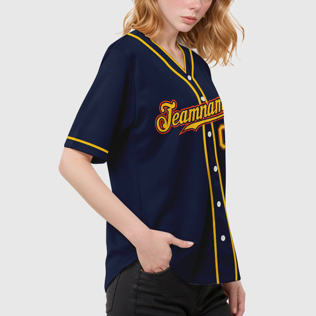 Custom Navy White Gold-Orange Piping Baseball Jersey