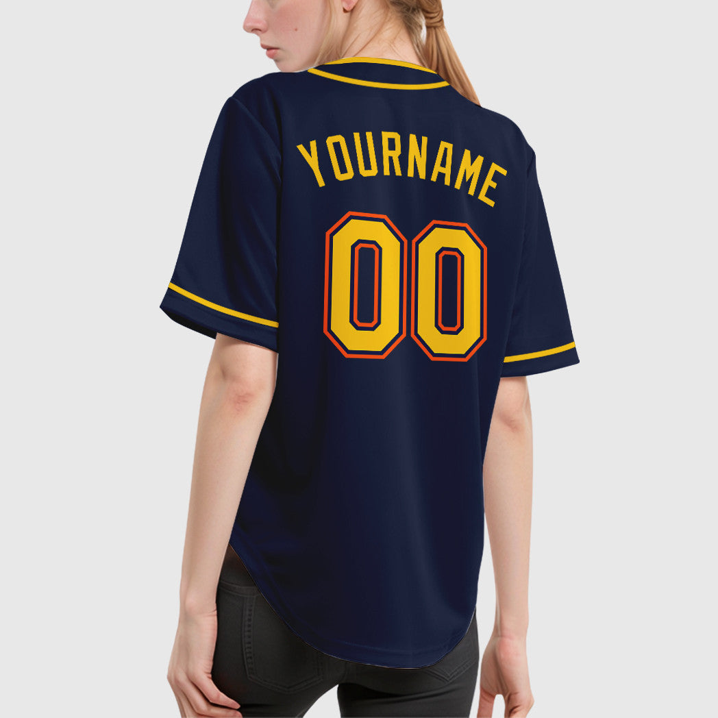 Custom Navy White Gold-Orange Piping Baseball Jersey