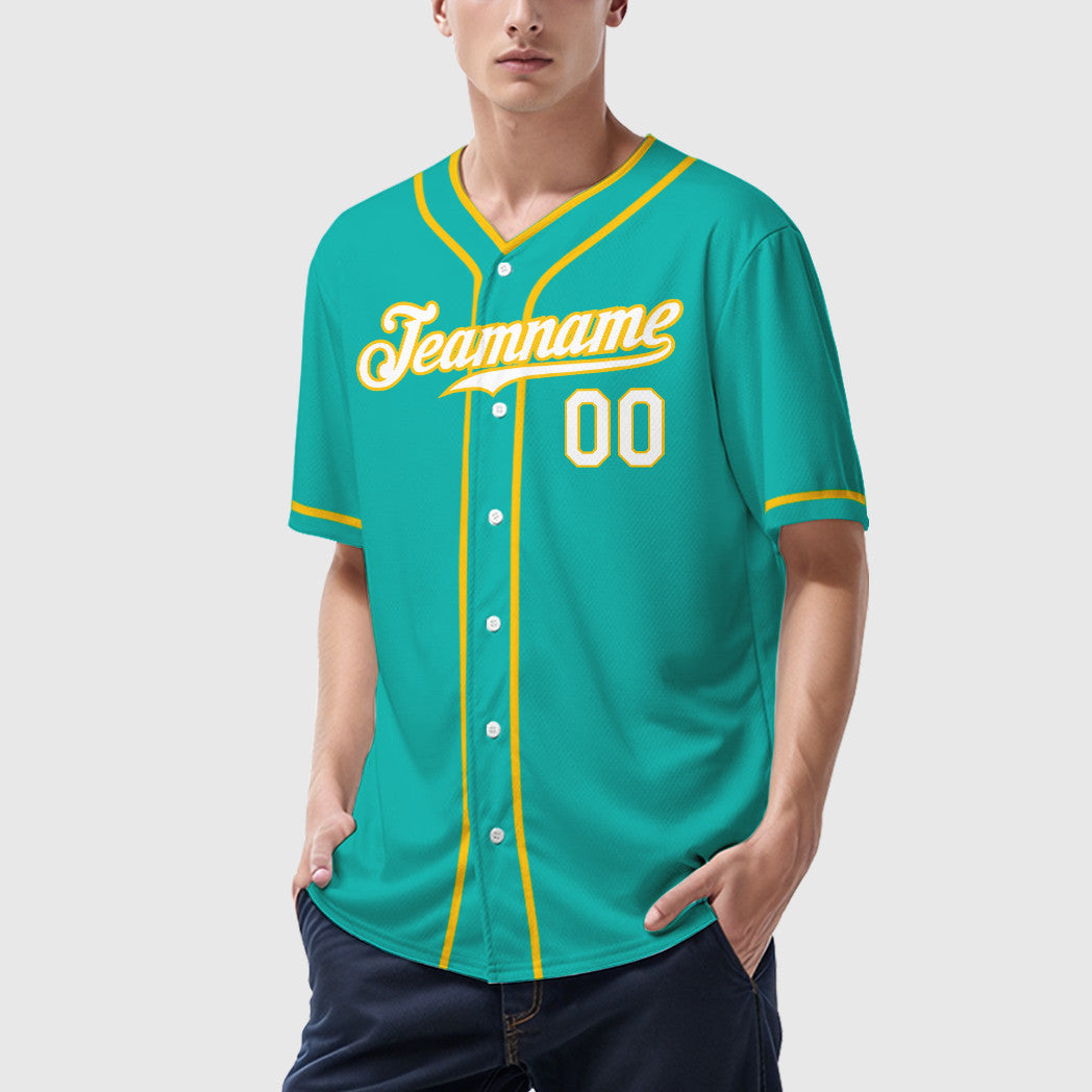 Custom Aqua White White-Yellow Piping Baseball Jersey