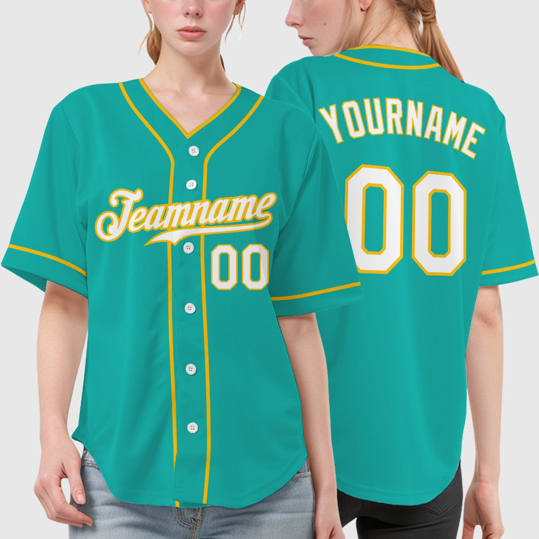 Custom Aqua White White-Yellow Piping Baseball Jersey