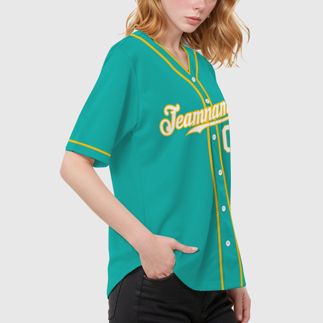 Custom Aqua White White-Yellow Piping Baseball Jersey