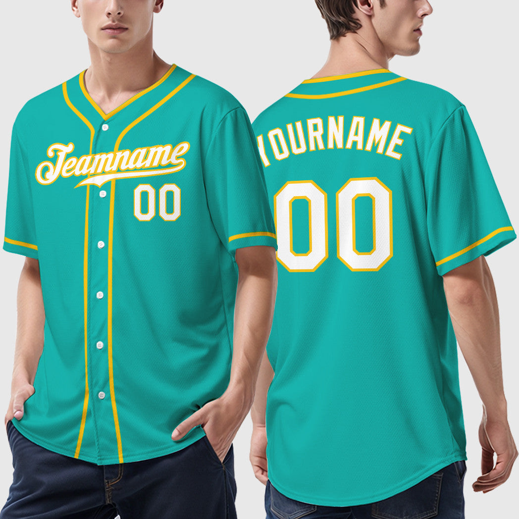 Custom Aqua White White-Yellow Piping Baseball Jersey