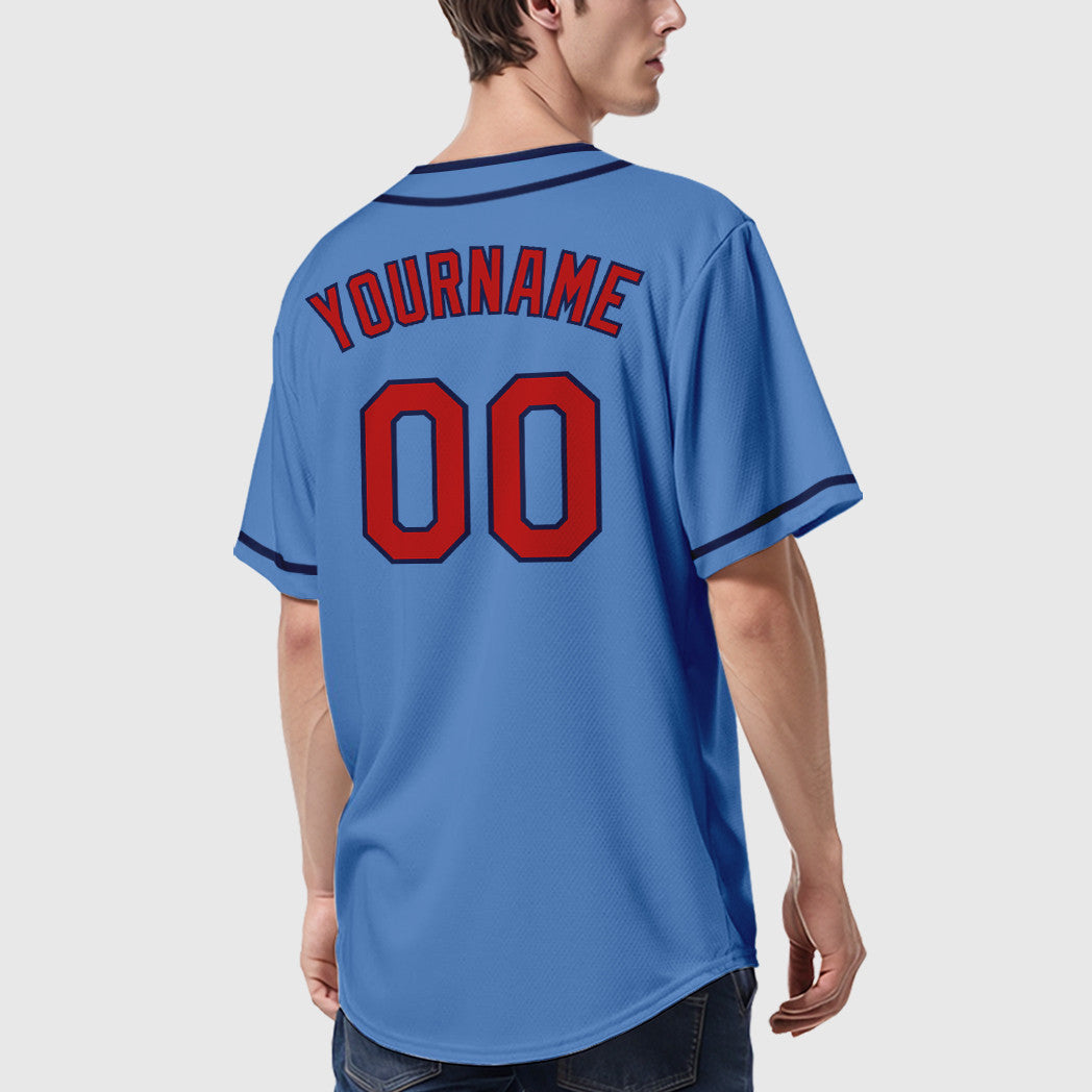 Custom Powder Blue Red Navy Piping Baseball Jersey