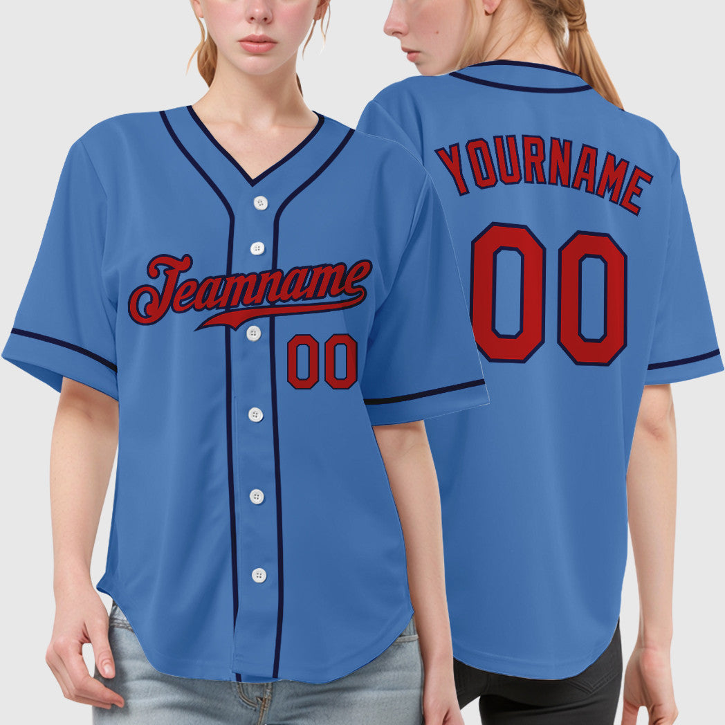 Custom Powder Blue Red Navy Piping Baseball Jersey