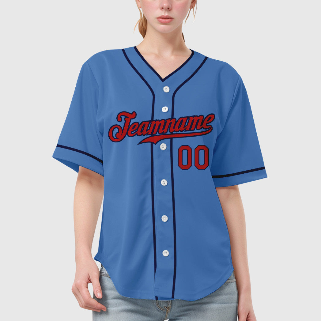 Custom Powder Blue Red Navy Piping Baseball Jersey