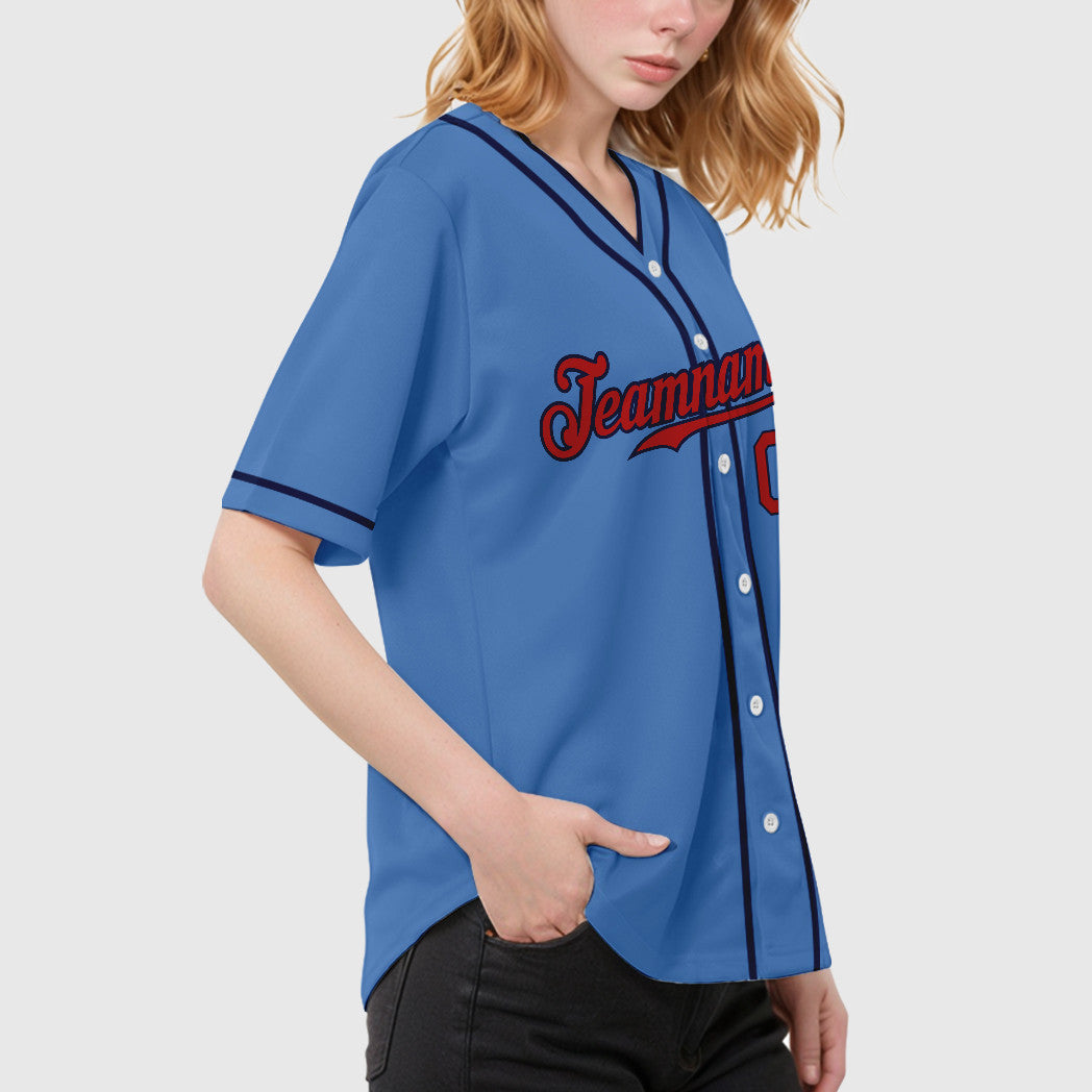 Custom Powder Blue Red Navy Piping Baseball Jersey