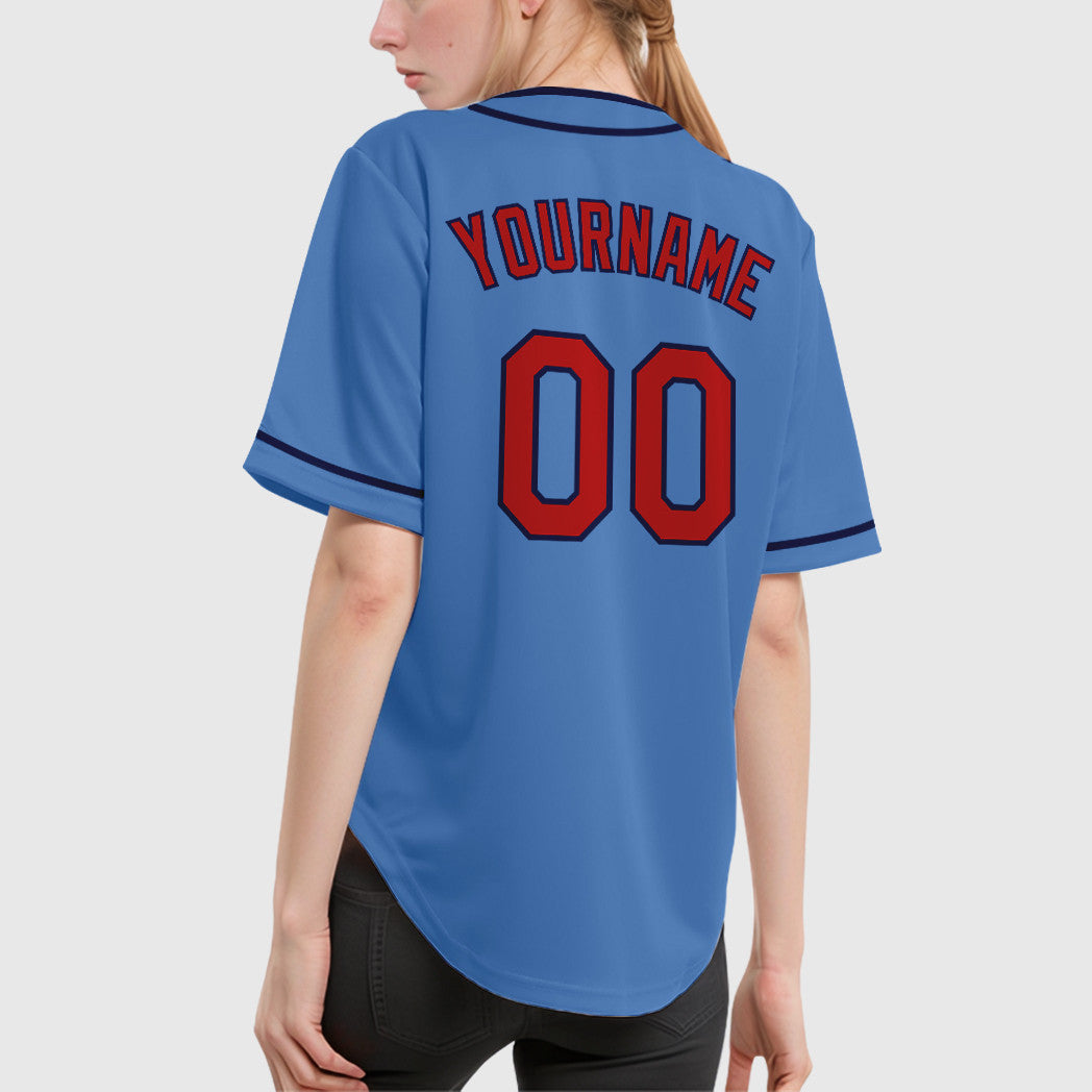 Custom Powder Blue Red Navy Piping Baseball Jersey