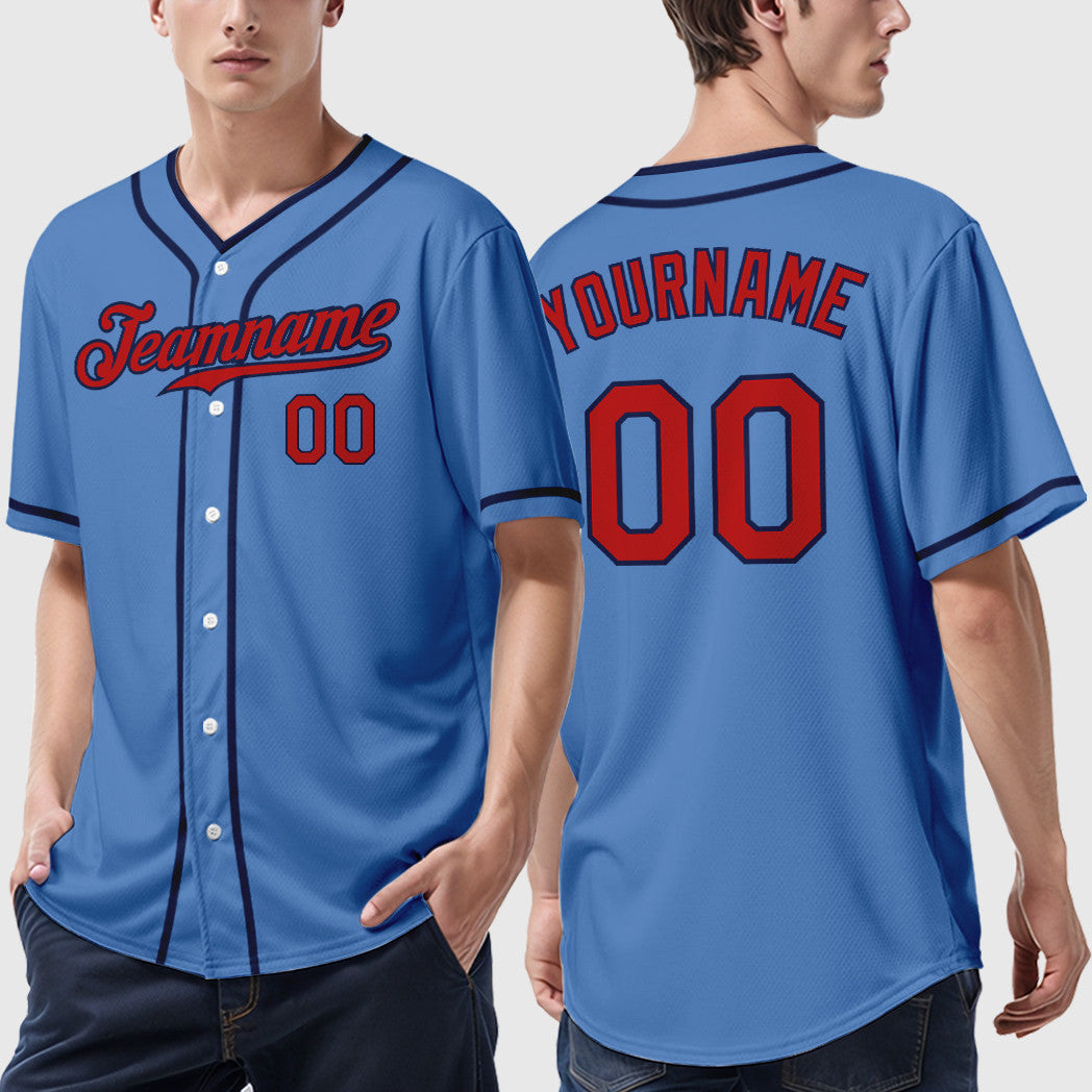 Custom Powder Blue Red Navy Piping Baseball Jersey