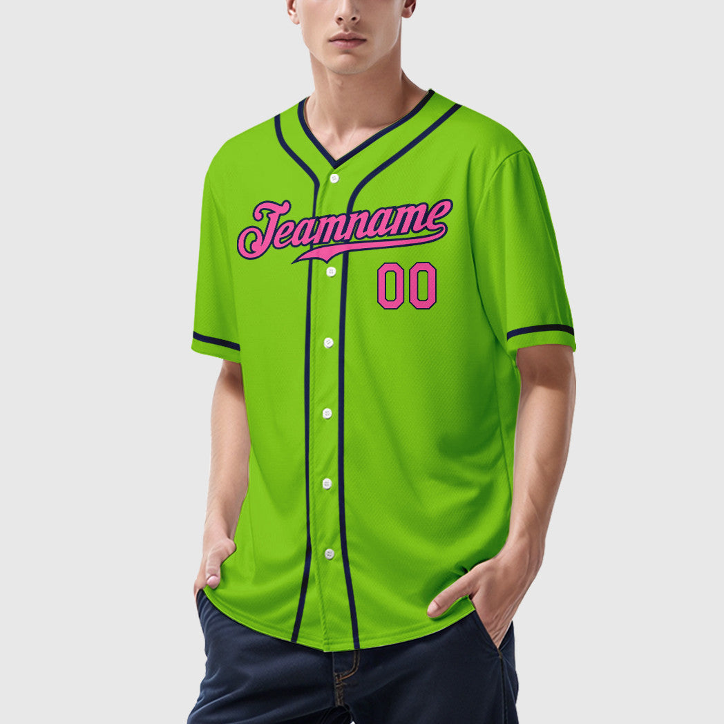 Custom Neon Green Navy Pink Piping Baseball Jersey
