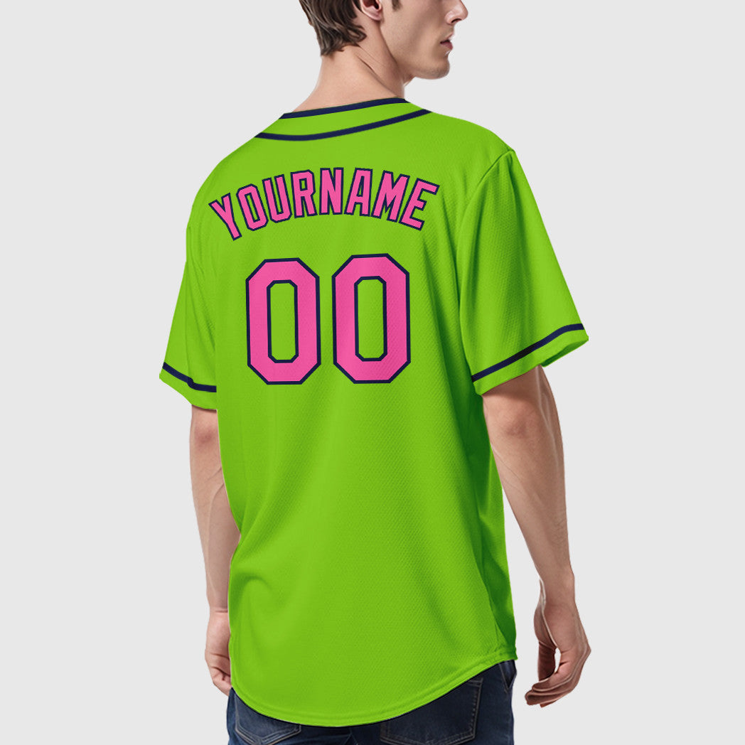 Custom Neon Green Navy Pink Piping Baseball Jersey