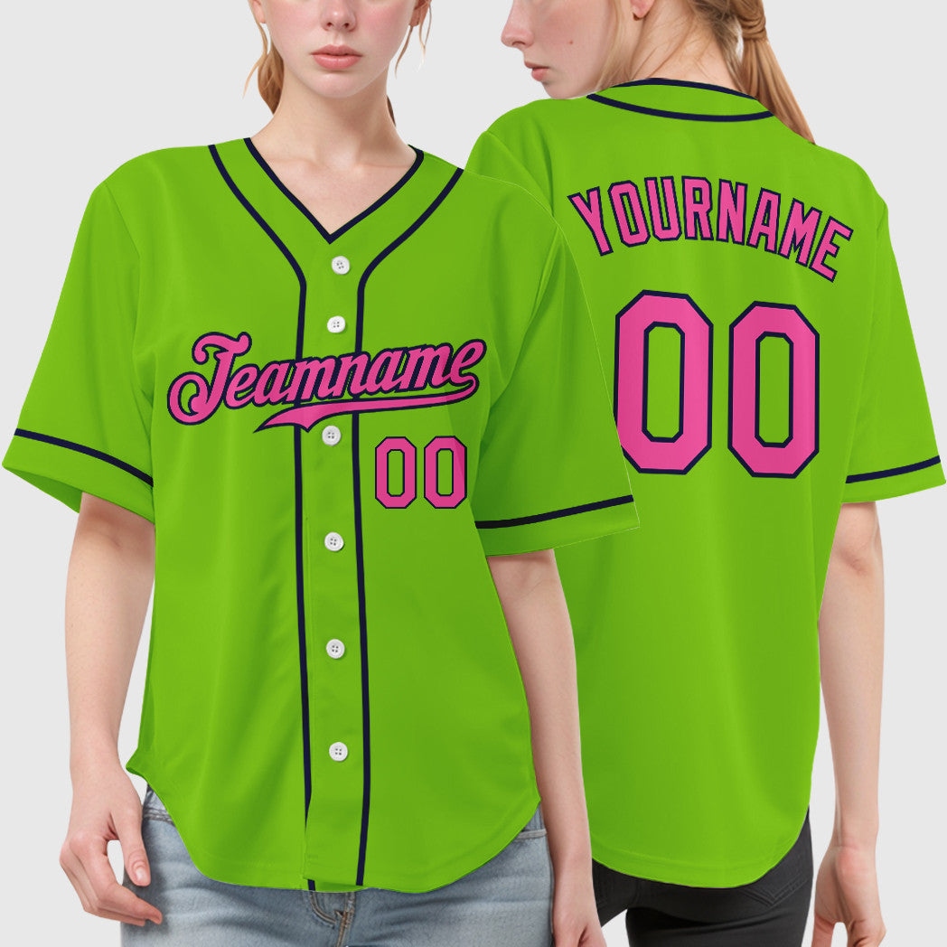 Custom Neon Green Navy Pink Piping Baseball Jersey