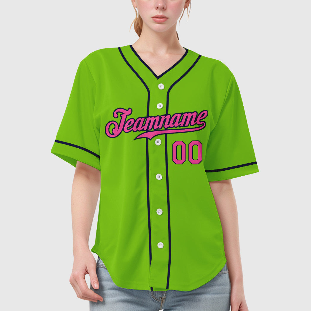 Custom Neon Green Navy Pink Piping Baseball Jersey