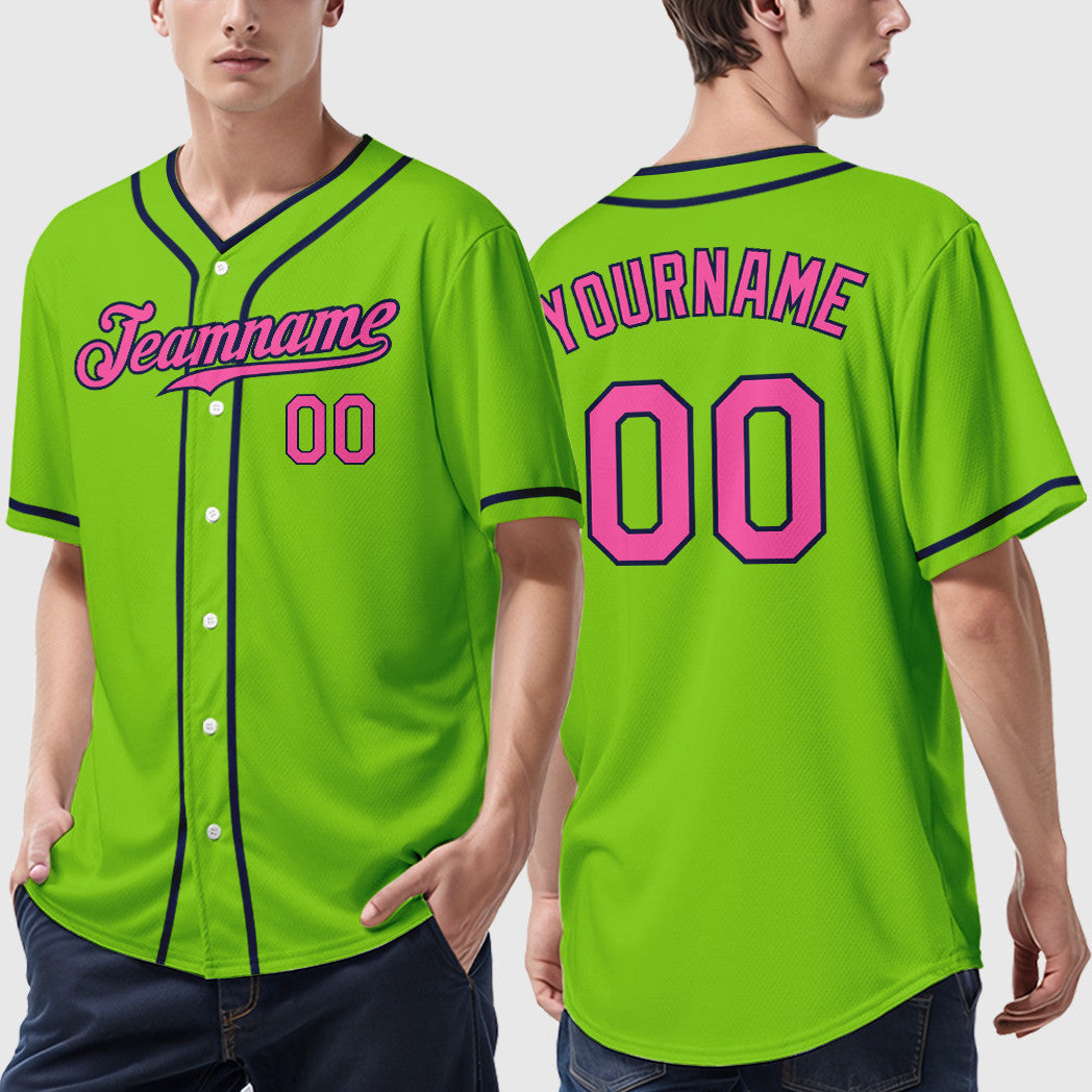Custom Neon Green Navy Pink Piping Baseball Jersey