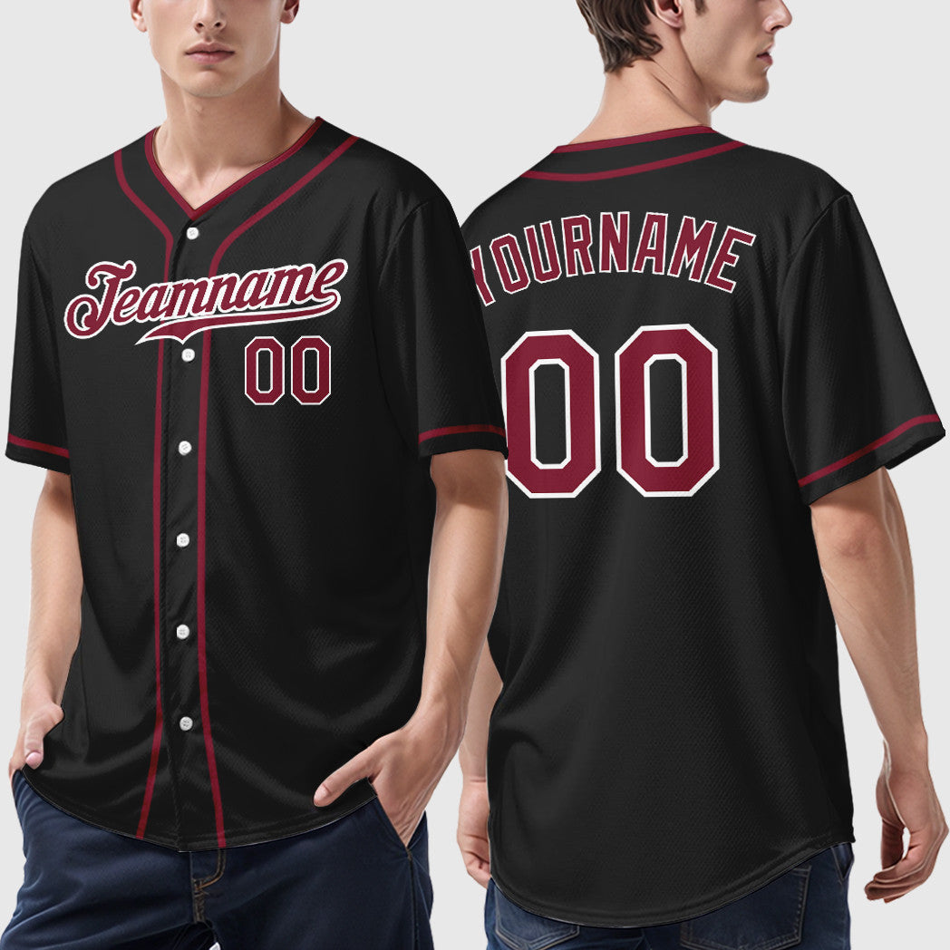 Custom Black White Crimson Piping Baseball Jersey