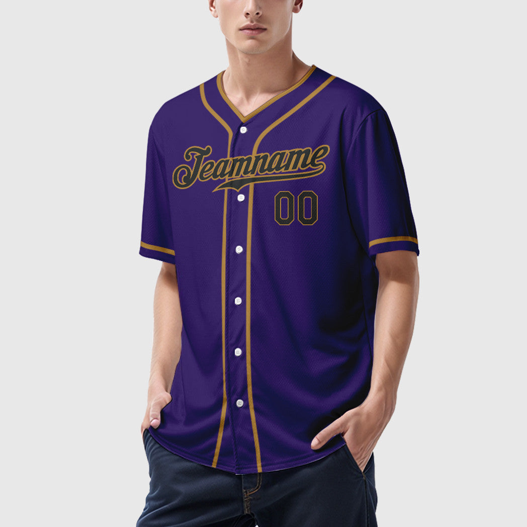 Custom Purple Black Black-Old Gold Piping Baseball Jersey