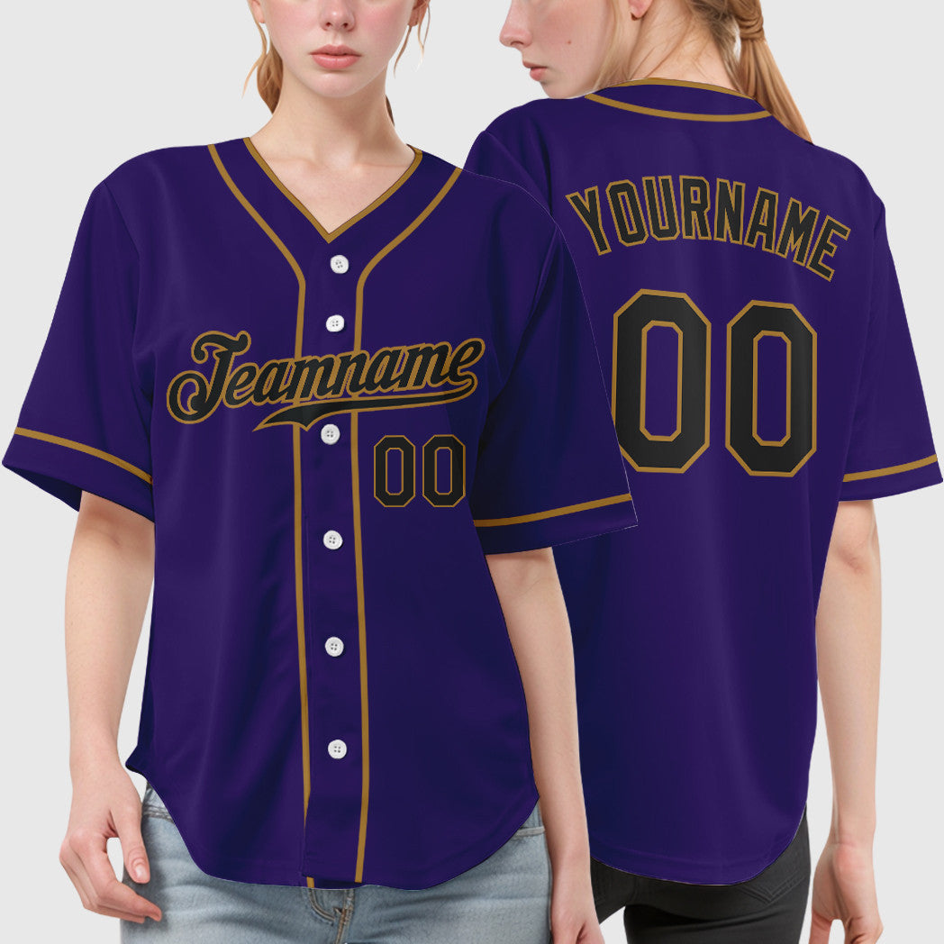 Custom Purple Black Black-Old Gold Piping Baseball Jersey