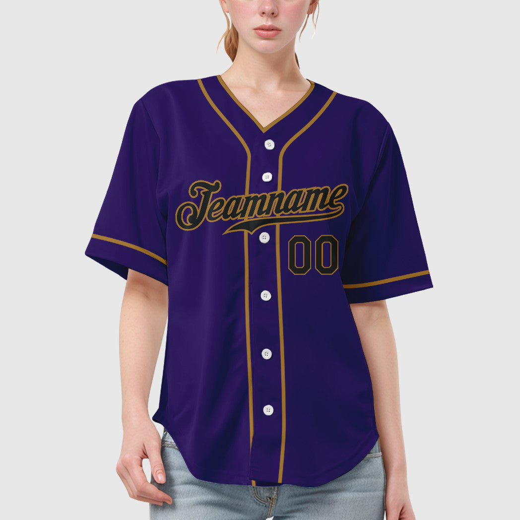 Custom Purple Black Black-Old Gold Piping Baseball Jersey