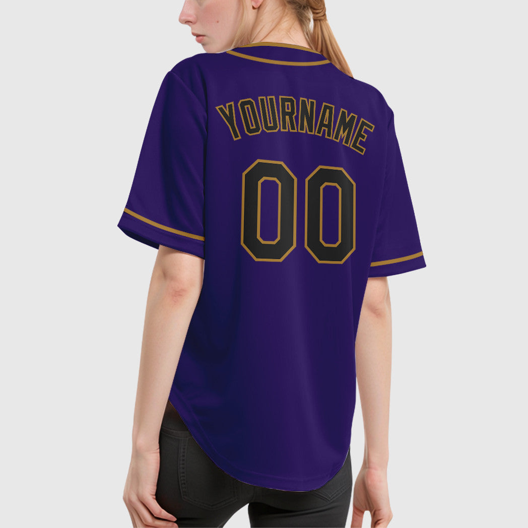 Custom Purple Black Black-Old Gold Piping Baseball Jersey