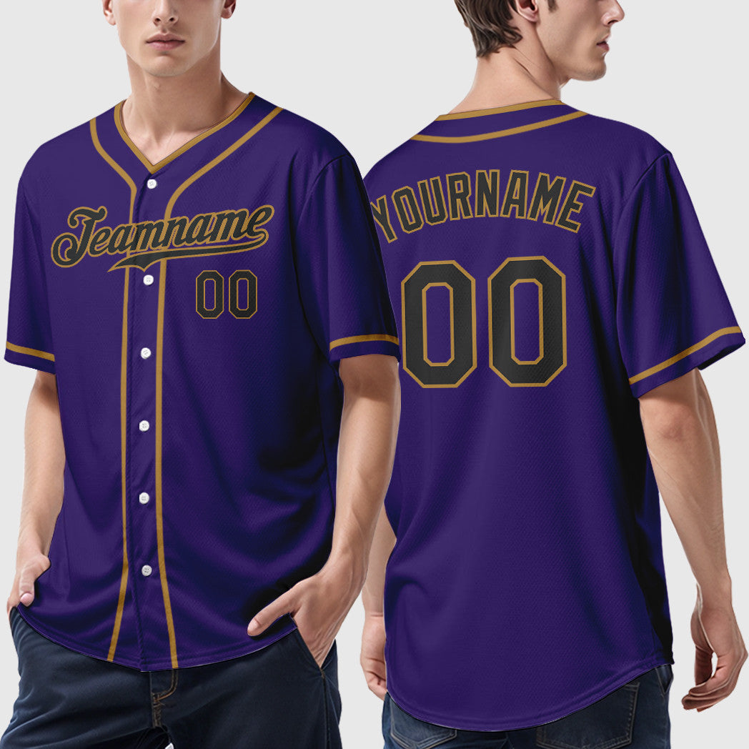 Custom Purple Black Black-Old Gold Piping Baseball Jersey
