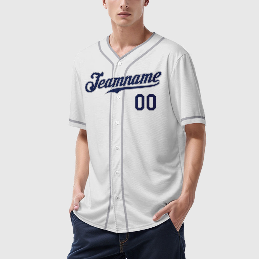 Custom White Navy Navy-Gray Piping Baseball Jersey