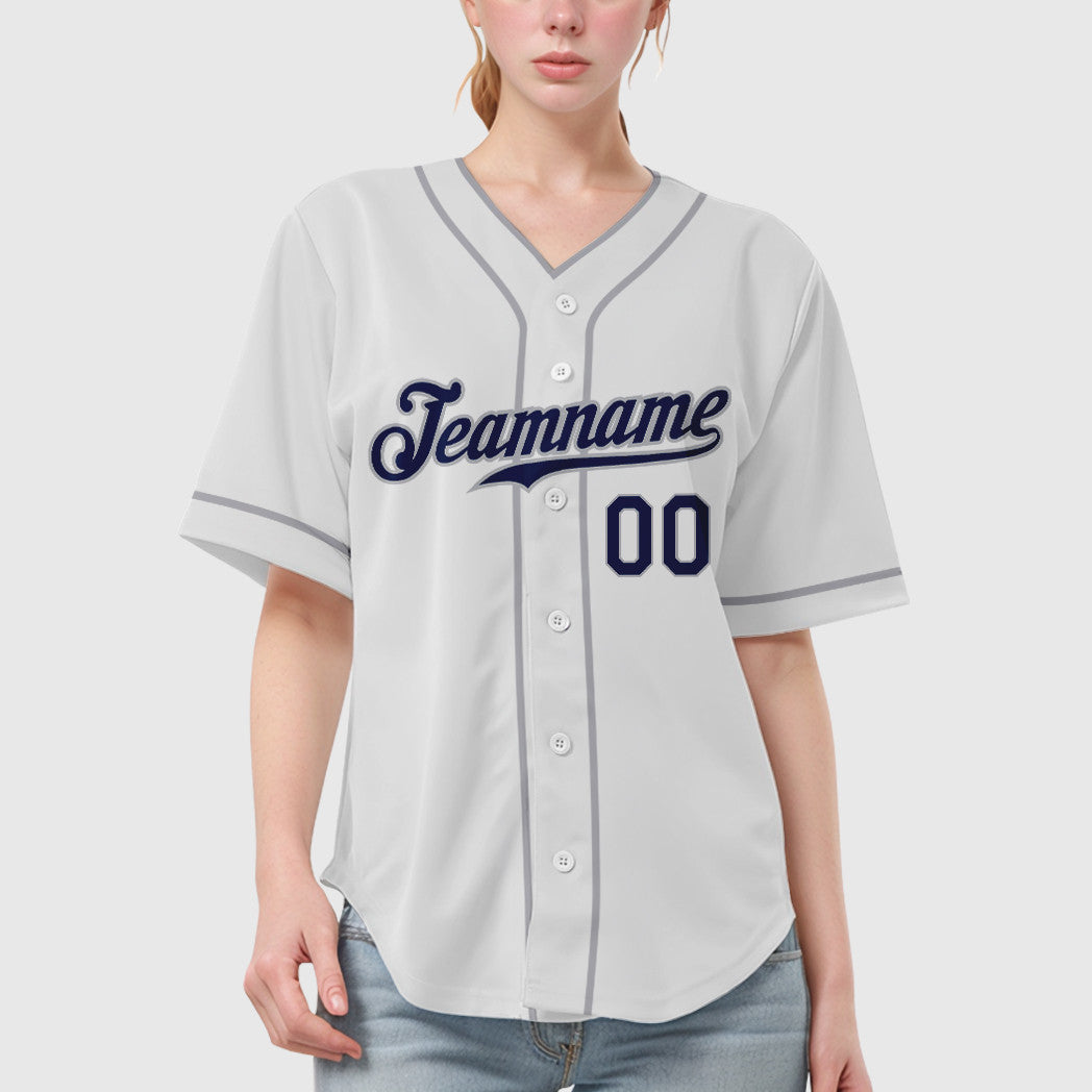 Custom White Navy Navy-Gray Piping Baseball Jersey