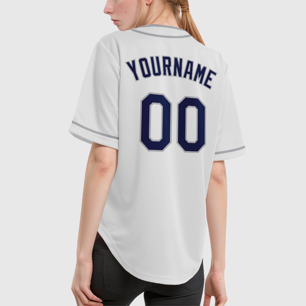Custom White Navy Navy-Gray Piping Baseball Jersey