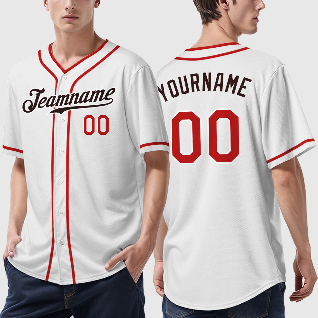 Custom White Brown Red-Brown Piping Baseball Jersey