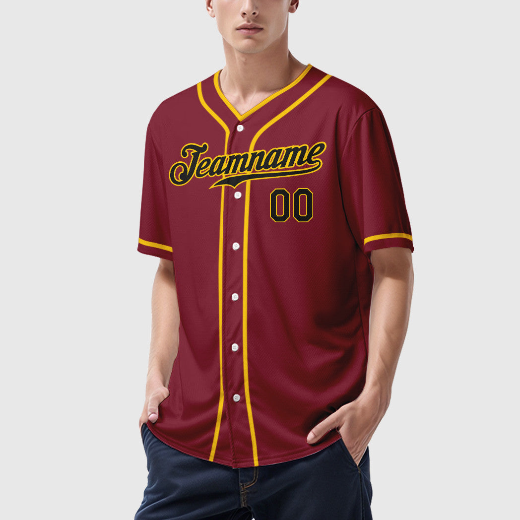 Custom Crimson Black Black-Gold Piping Baseball Jersey
