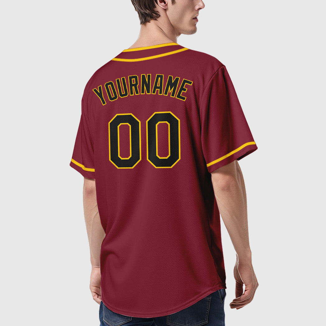 Custom Crimson Black Black-Gold Piping Baseball Jersey