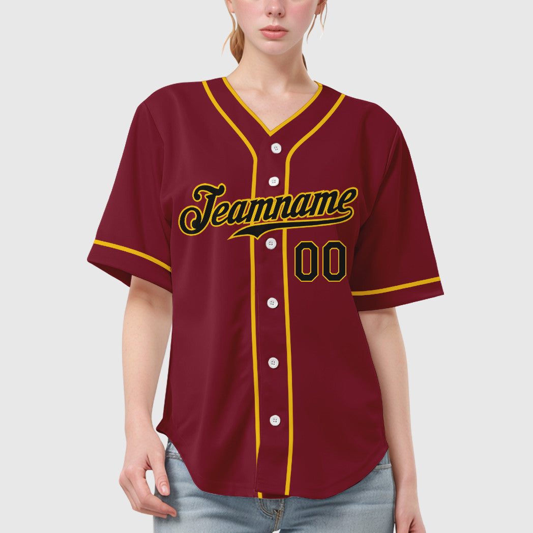 Custom Crimson Black Black-Gold Piping Baseball Jersey