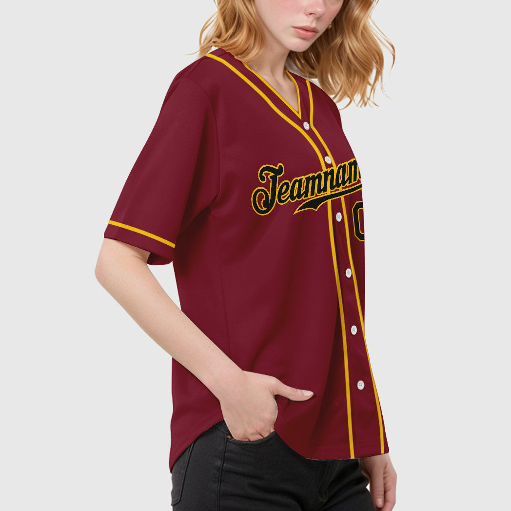 Custom Crimson Black Black-Gold Piping Baseball Jersey