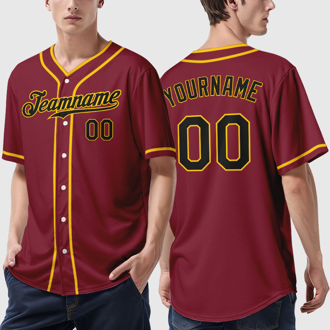 Custom Crimson Black Black-Gold Piping Baseball Jersey