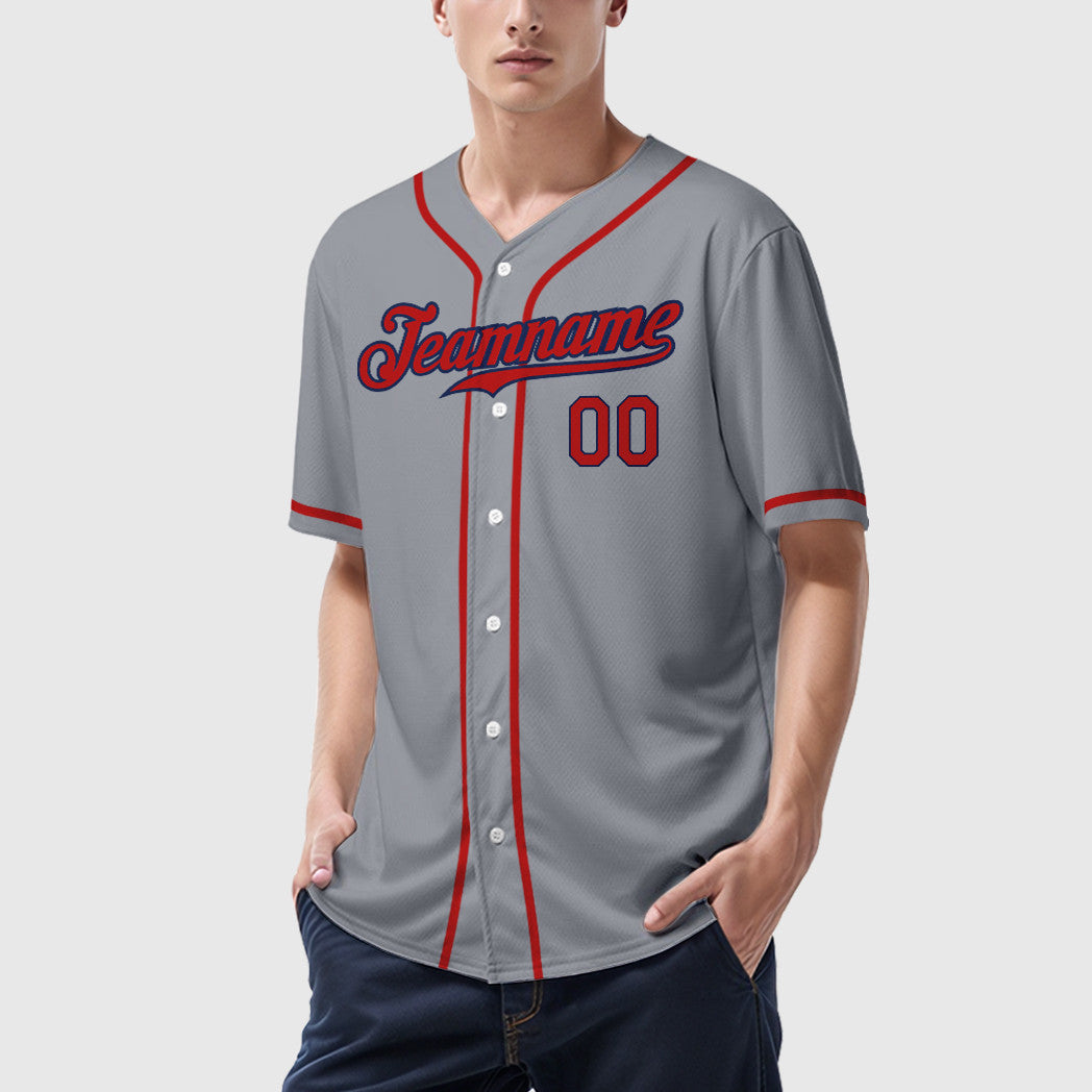 Custom Gray Navy Red Sleeve Baseball Jersey