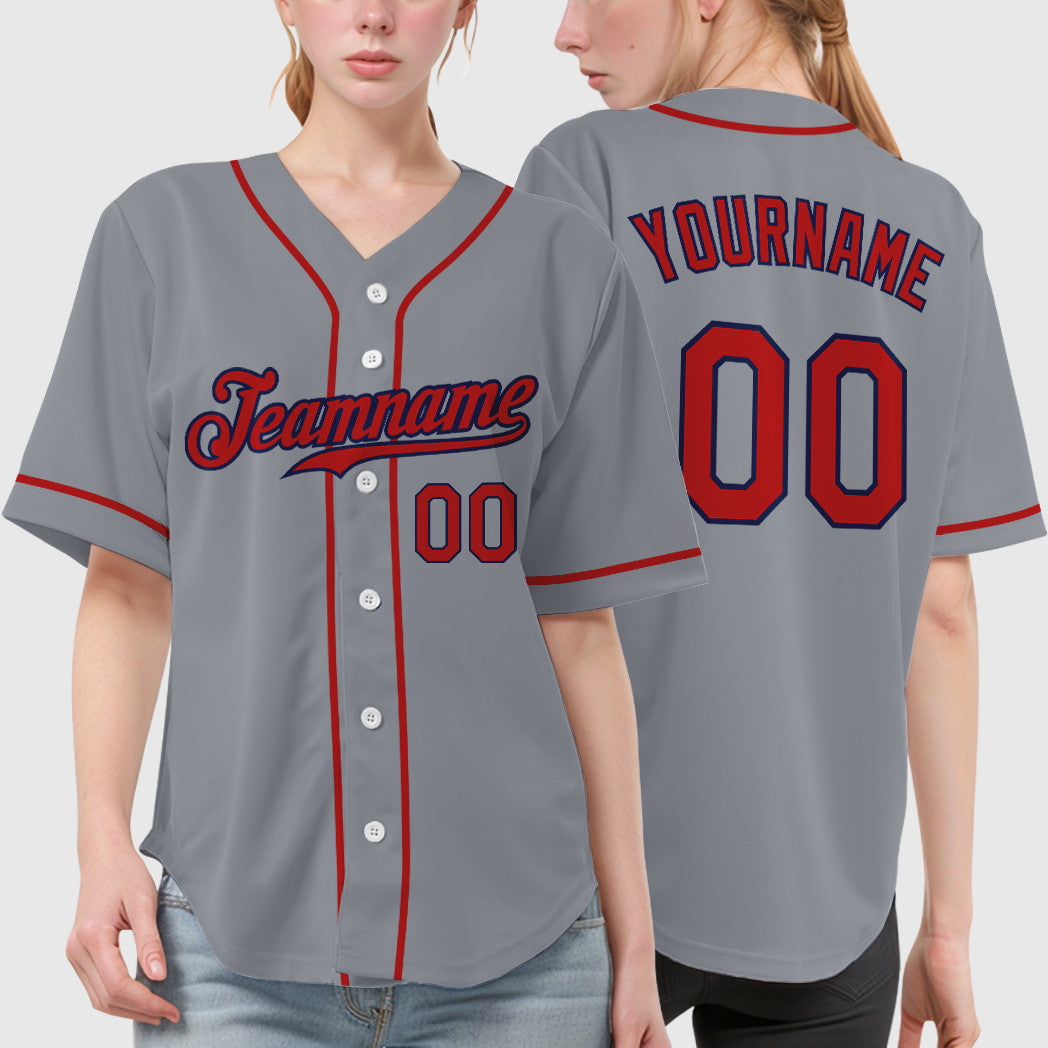 Custom Gray Navy Red Sleeve Baseball Jersey