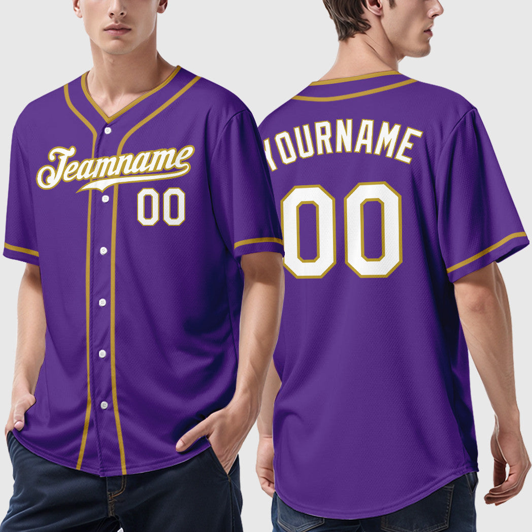 Custom Purple White Old Gold Piping Baseball Jersey