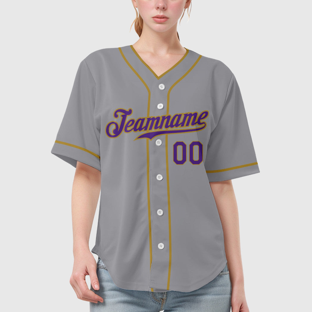 Custom Gray Purple Old Gold Piping Baseball Jersey