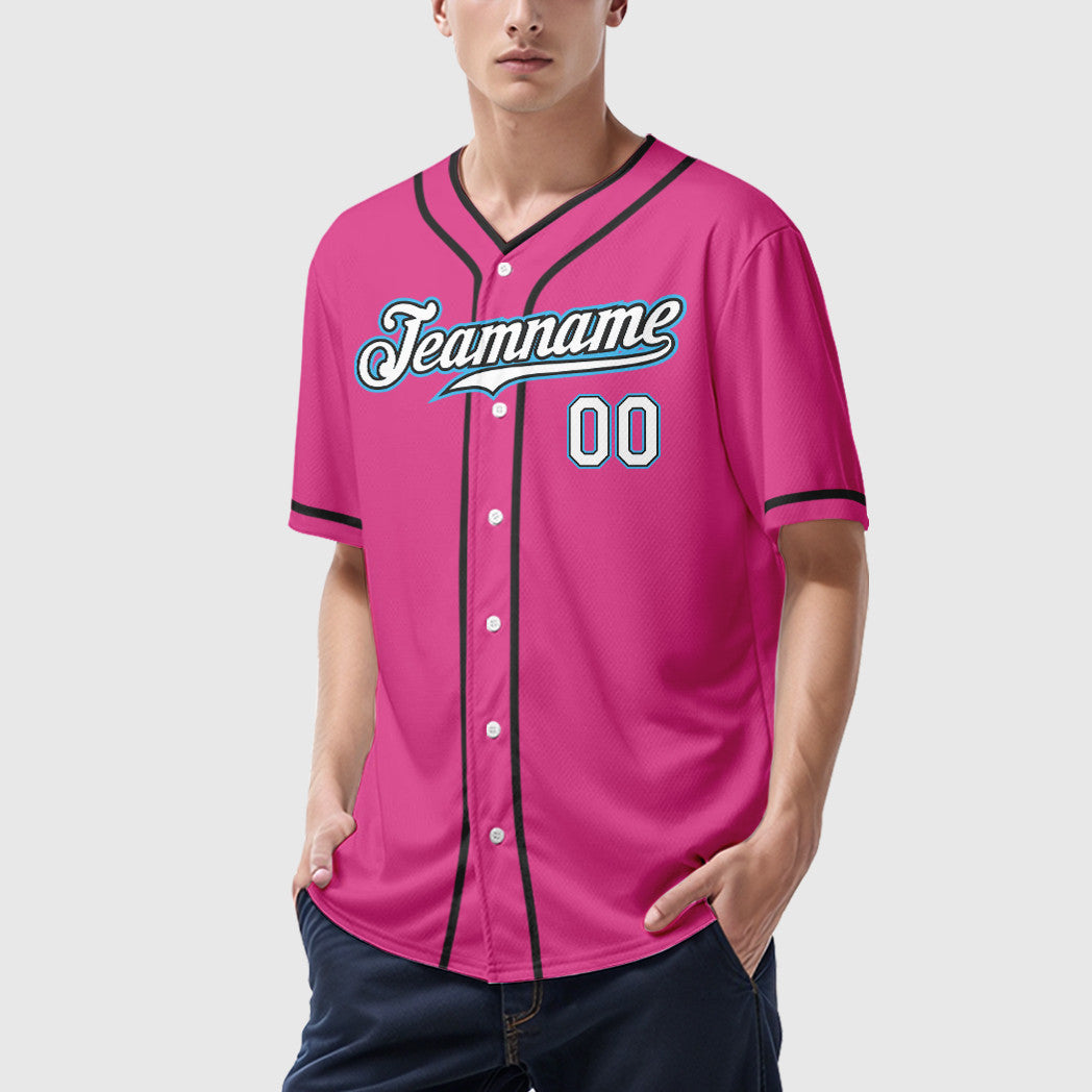 Custom Pink White Sky Blue Piping Baseball Jersey