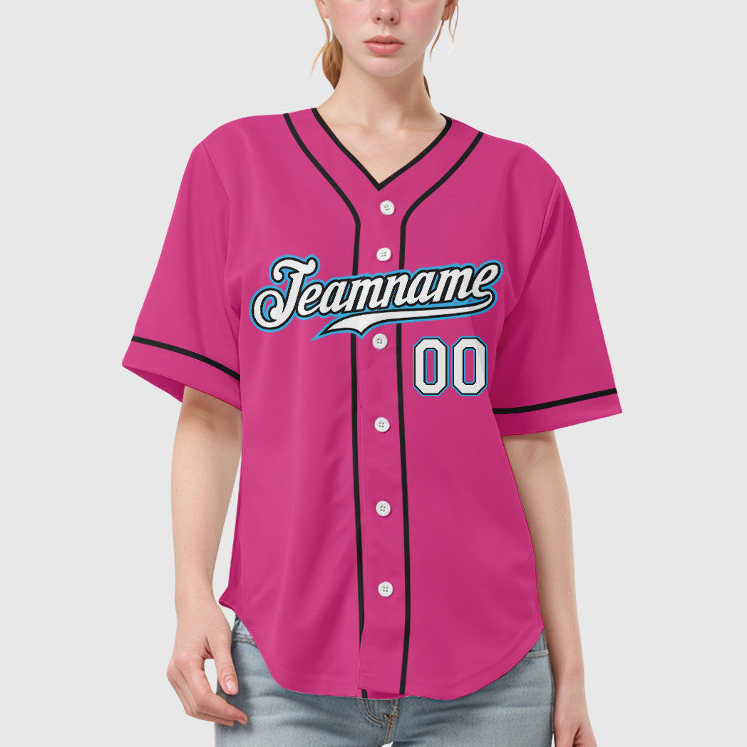 Custom Pink White Sky Blue Piping Baseball Jersey
