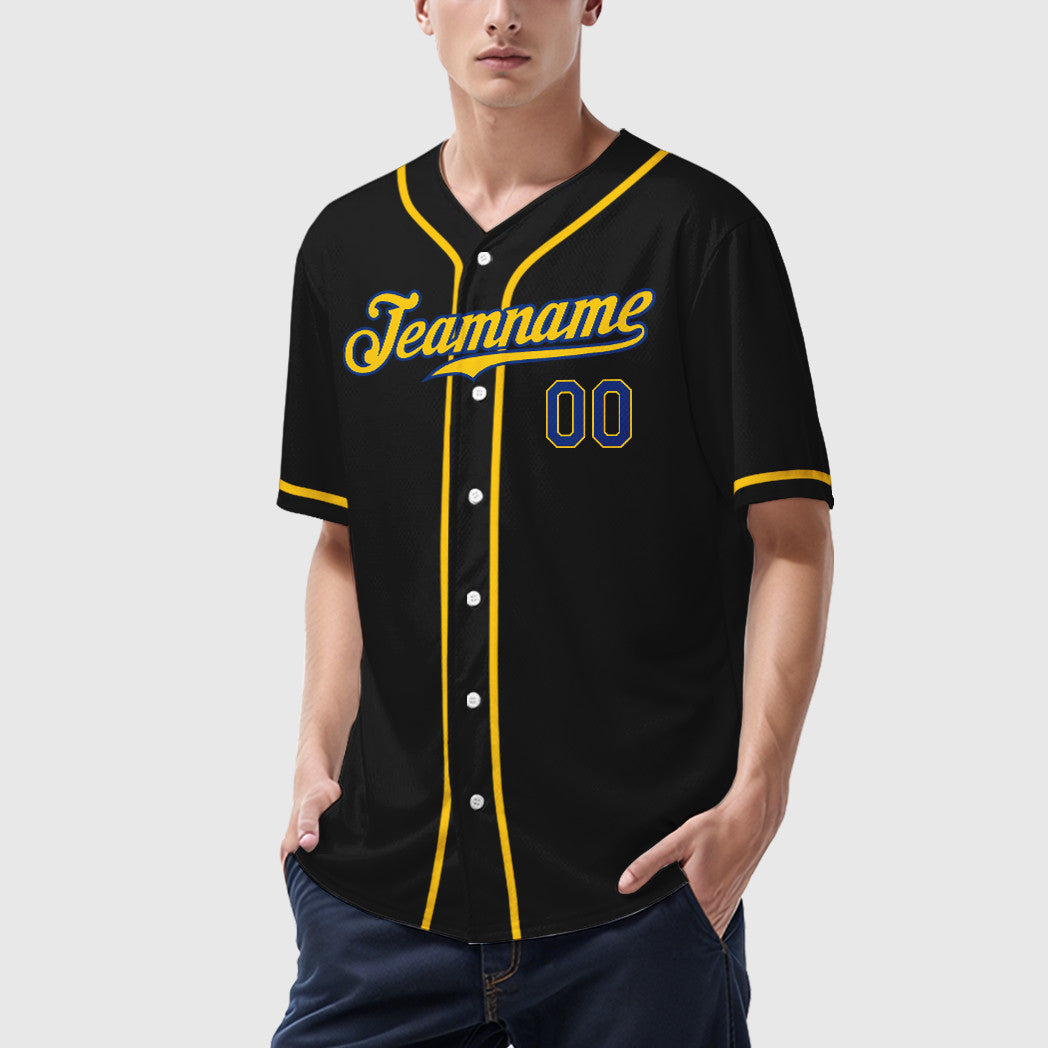 Custom Black Royal Royal-Yellow Sleeve Baseball Jersey