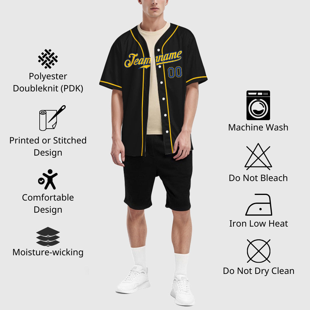 Custom Black Royal Royal-Yellow Sleeve Baseball Jersey